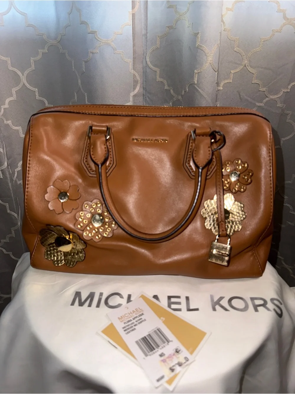 Michael Kors Mercer Tan Floral Applique Satchel